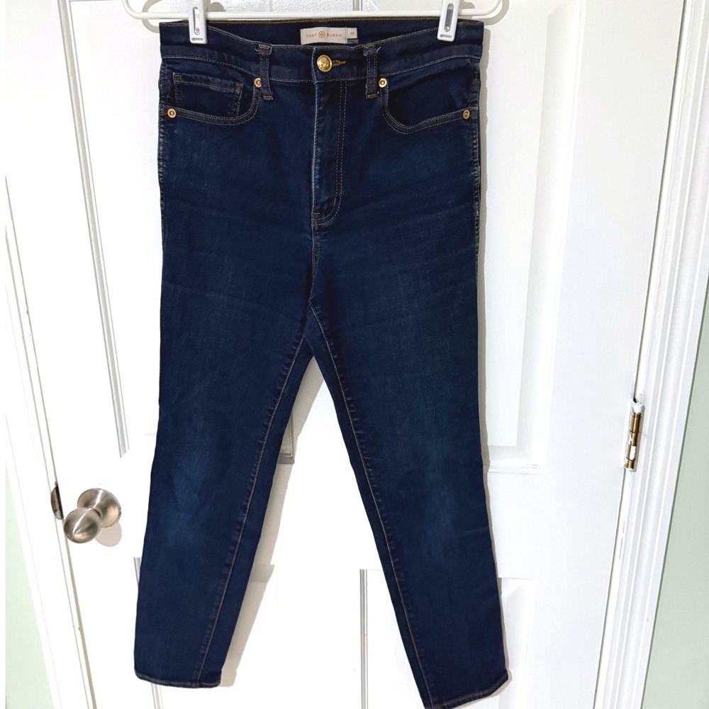 Tory Burch Dark Wash High Rise‎ Skinny Jeans Indigo Gold Logo Button Size 28